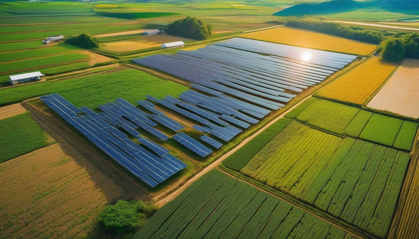 緑の農地の上空に太陽光パネルが並ぶ営農型太陽光発電（ソーラーシェアリング）設備の全景