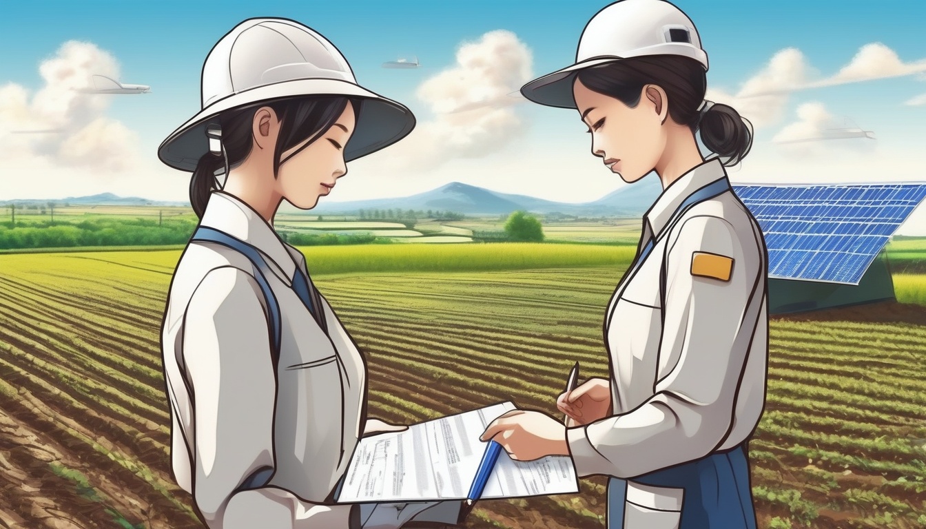 農地でソーラーシェアリング設備を前に書類を確認する担当者