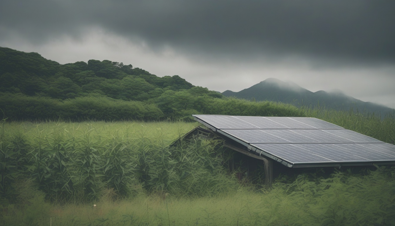 雑草に覆われた営農実態のない太陽光発電設備下の農地