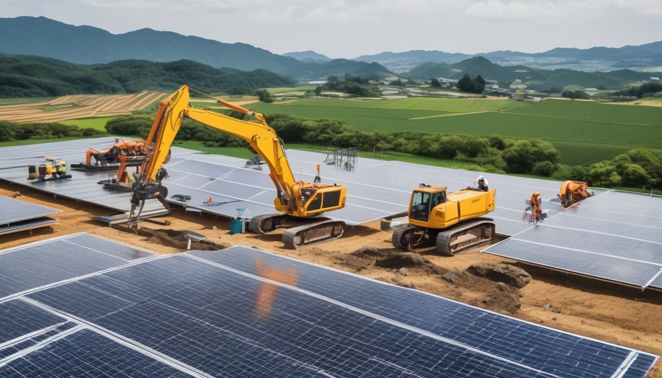 農地で営農型太陽光発電の架台を施工する作業員